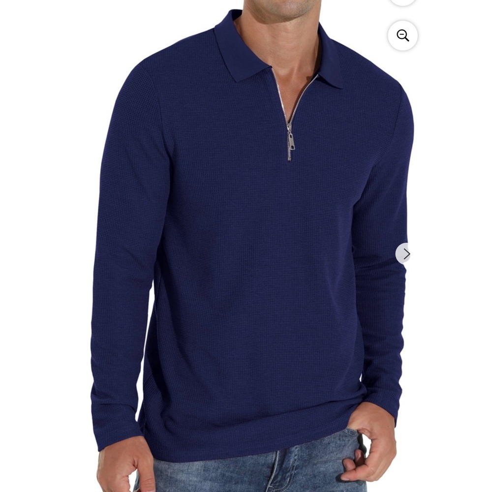 GIRUNS Men's Long Sleeve Waffle Knit Polo – Navy Blue – Medium – NWT